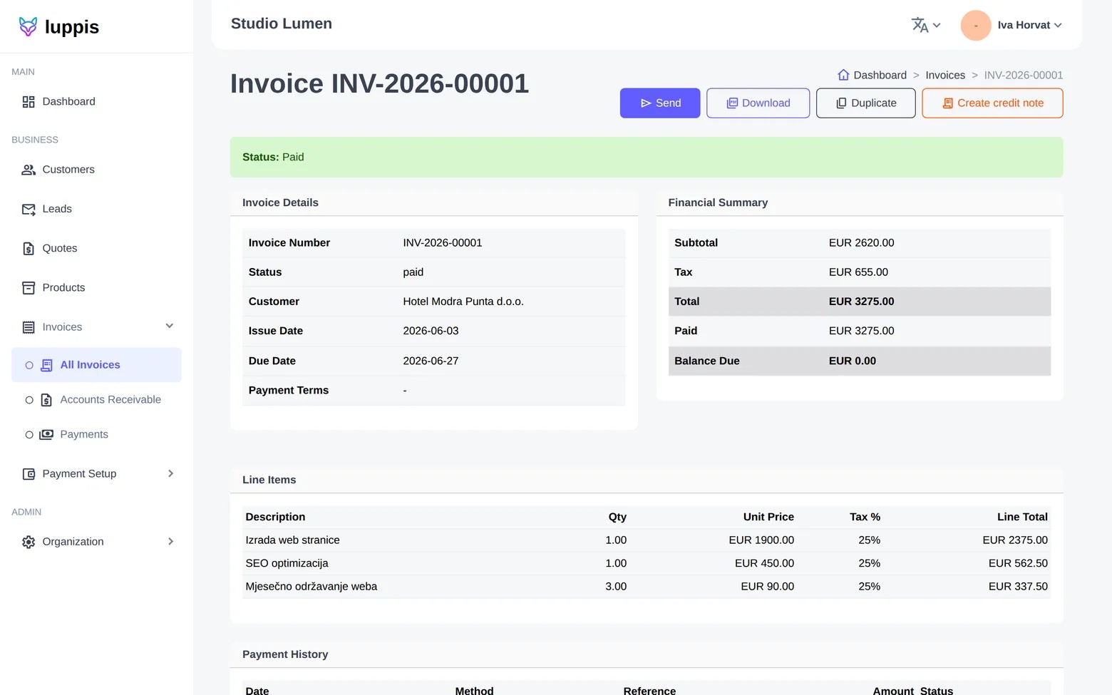 Luppis invoice — Studio Lumen